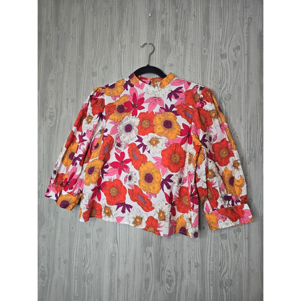 SLV Sur La Vague Floral Mock Neck Puff Sleeve Blouse Poppy Top  S